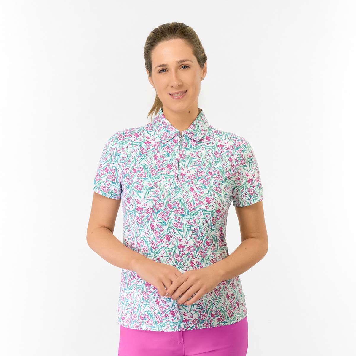 Pure Golf Ladies Short Sleeve Polo in Botanical Print for Vibrant, Feminine Style