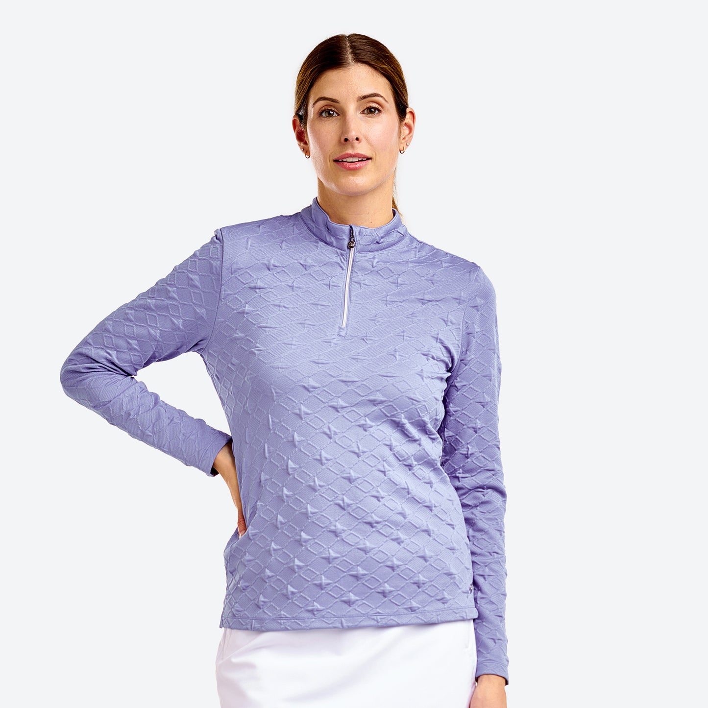 Nivo Ladies Mock Neck Long Sleeve Top with Textured Diamond Print
