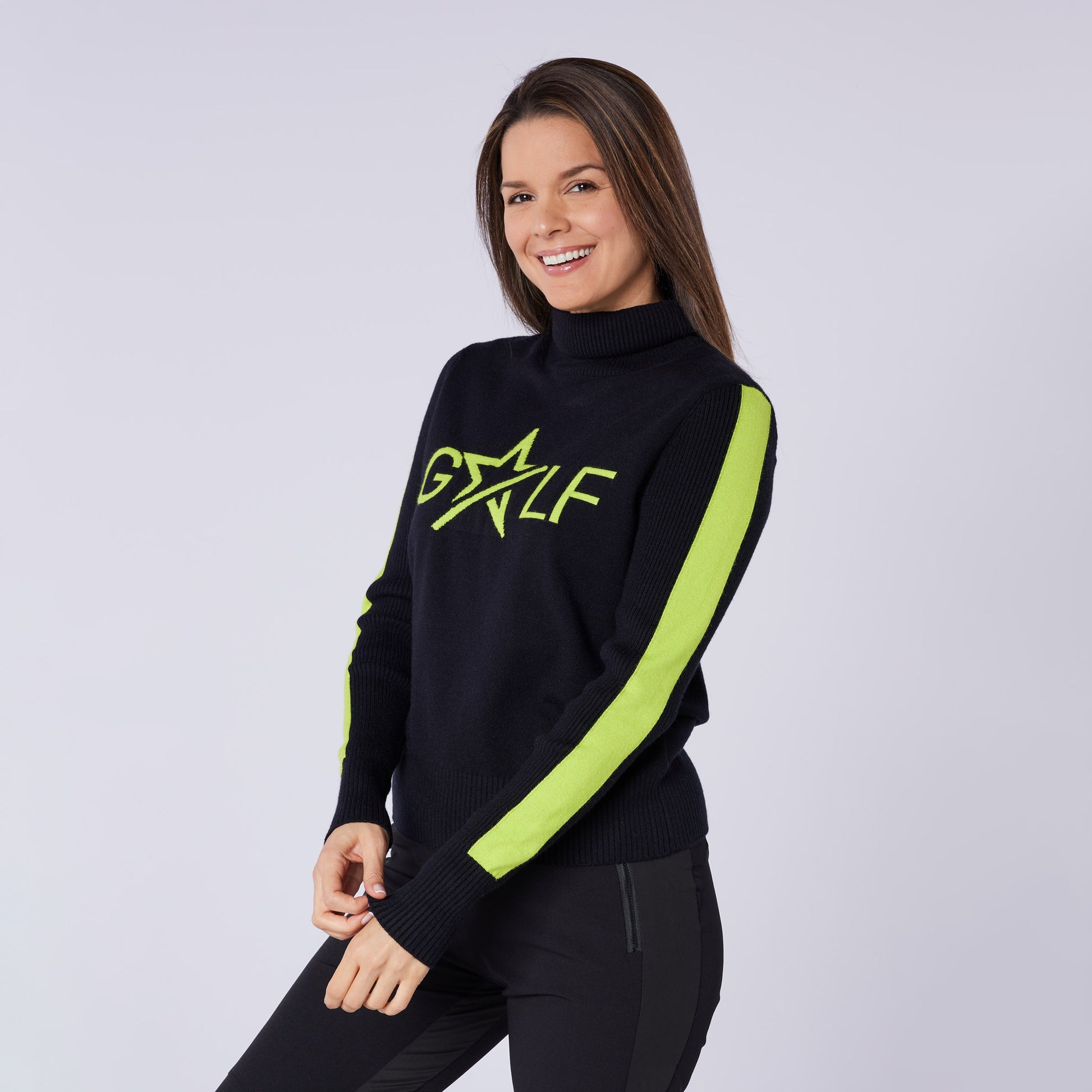 Swing Out Sister Womens 'Golf' Roll Neck with Ribbing in Black & Lime