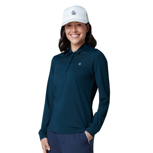 Original Penguin Womens Long Sleeve Top with Mesh Yoke in Navy
