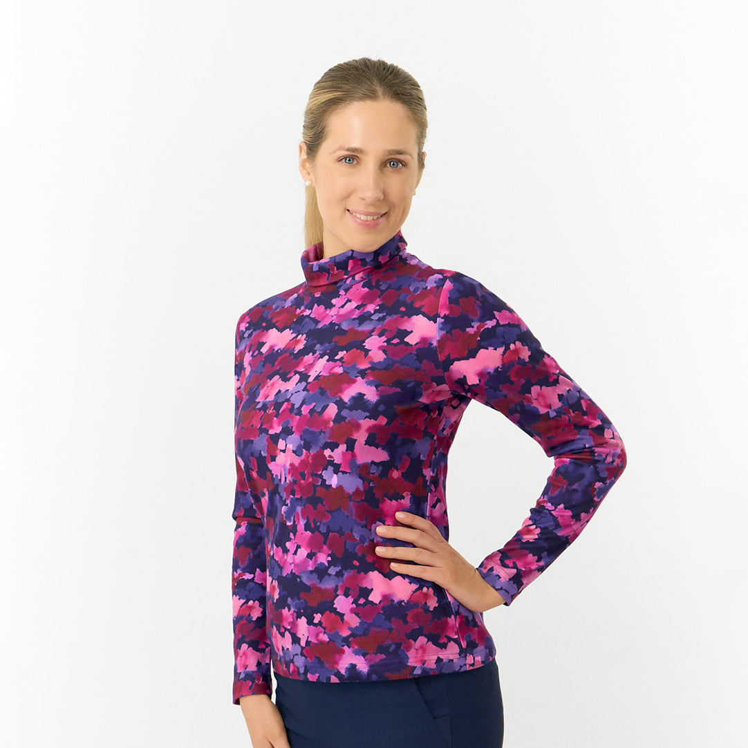 Pure Ladies Brushed-Backed Roll Neck in Abstract Watercolour Print