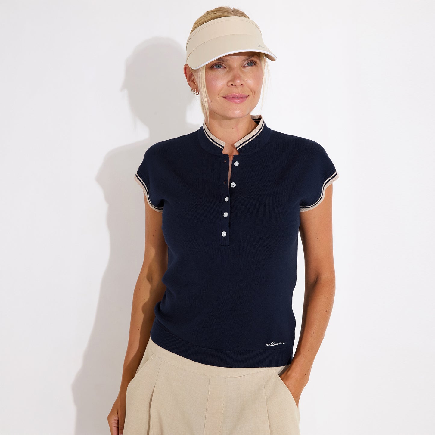 Abacus Ladies Knitted Cap Sleeve Polo in Navy