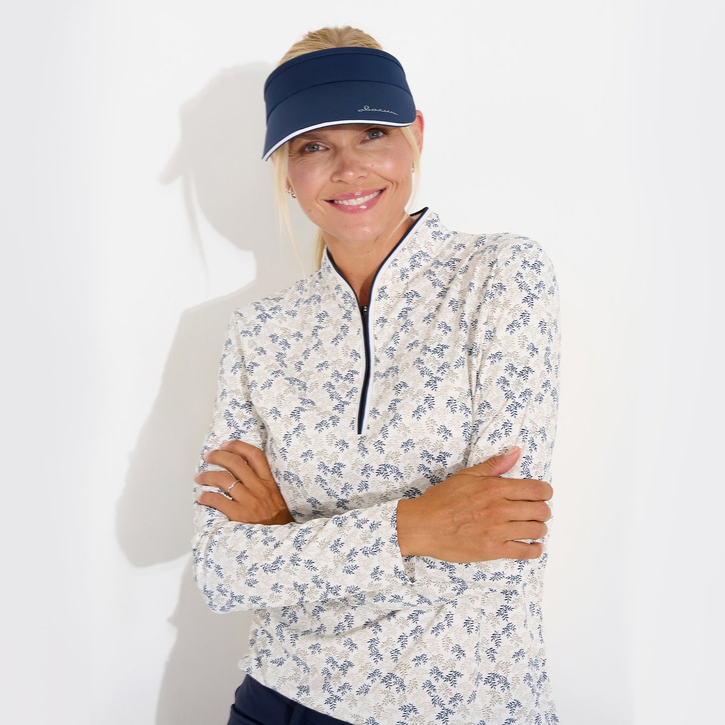 Abacus Ladies Zip-Neck Top with Delicate Leaf Print for Effortless Style & Comfort with Every Swing