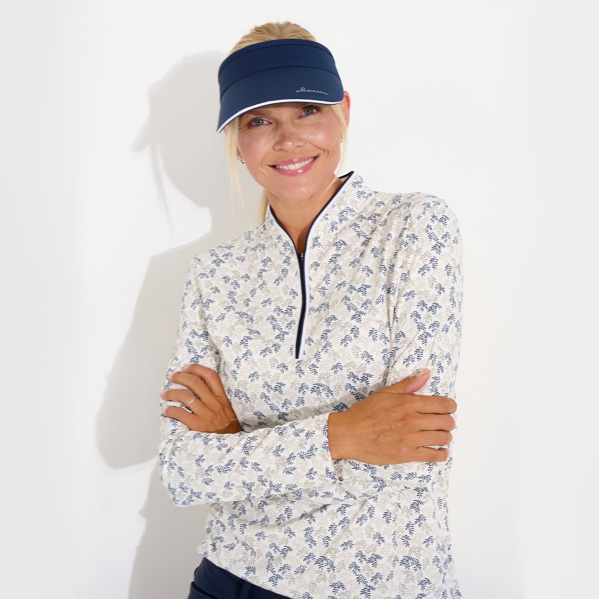 Abacus Ladies Zip-Neck Top with Delicate Leaf Print for Effortless Style & Comfort with Every Swing