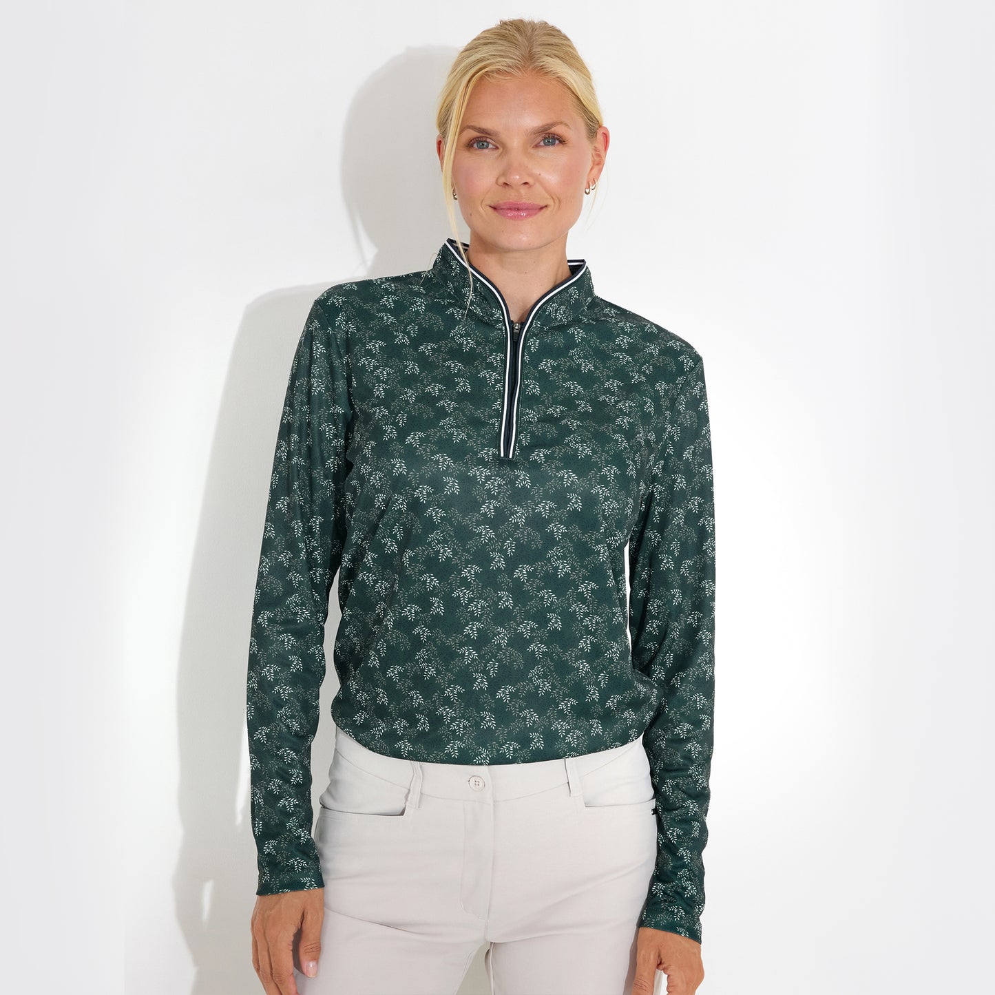 Abacus Ladies Zip-Neck Top with Delicate Leaf Print for Effortless Style & Comfort with Every Swing