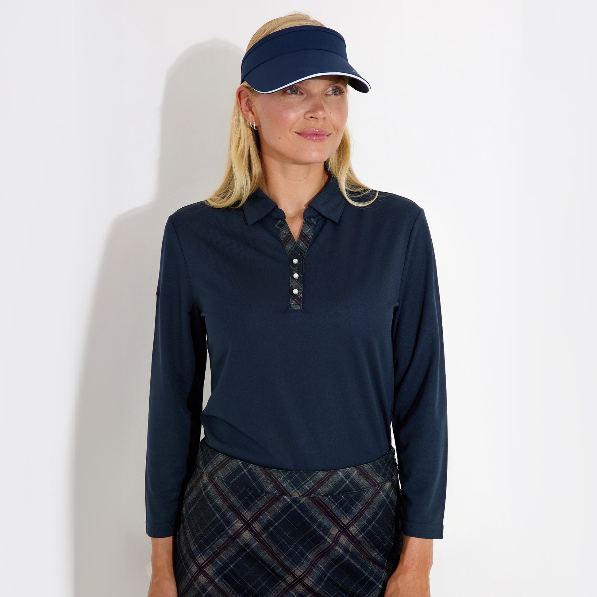 Abacus Ladies 3/4 Sleeve Polo with Neat Neck line and Pretty Pearl Detail in Navy