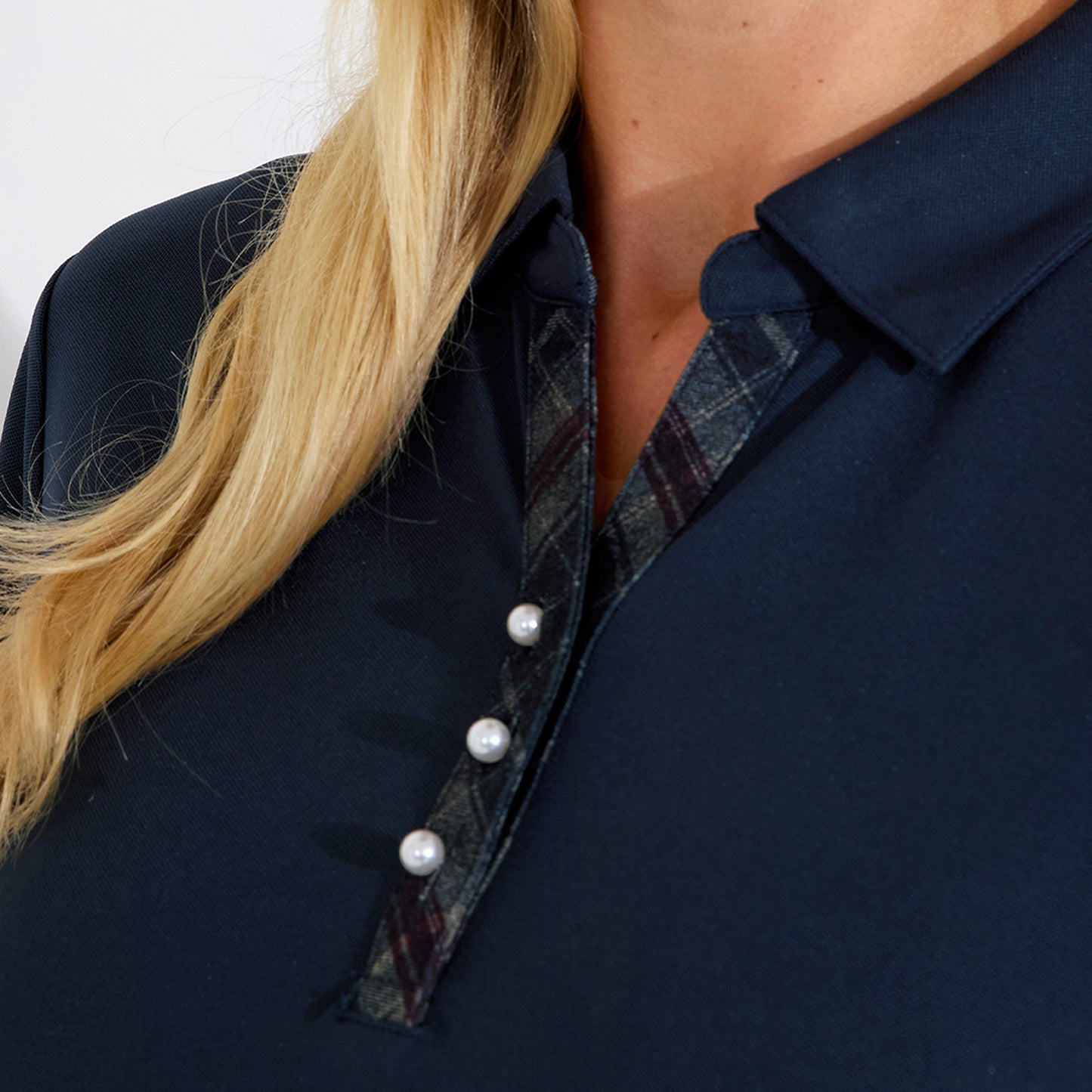 Abacus Ladies 3/4 Sleeve Polo with Neat Neck line and Pretty Pearl Detail in Navy
