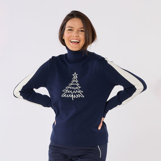 Swing Out Sister Christmas Sweater In Navy with Sparkly Silver Christmas Tree