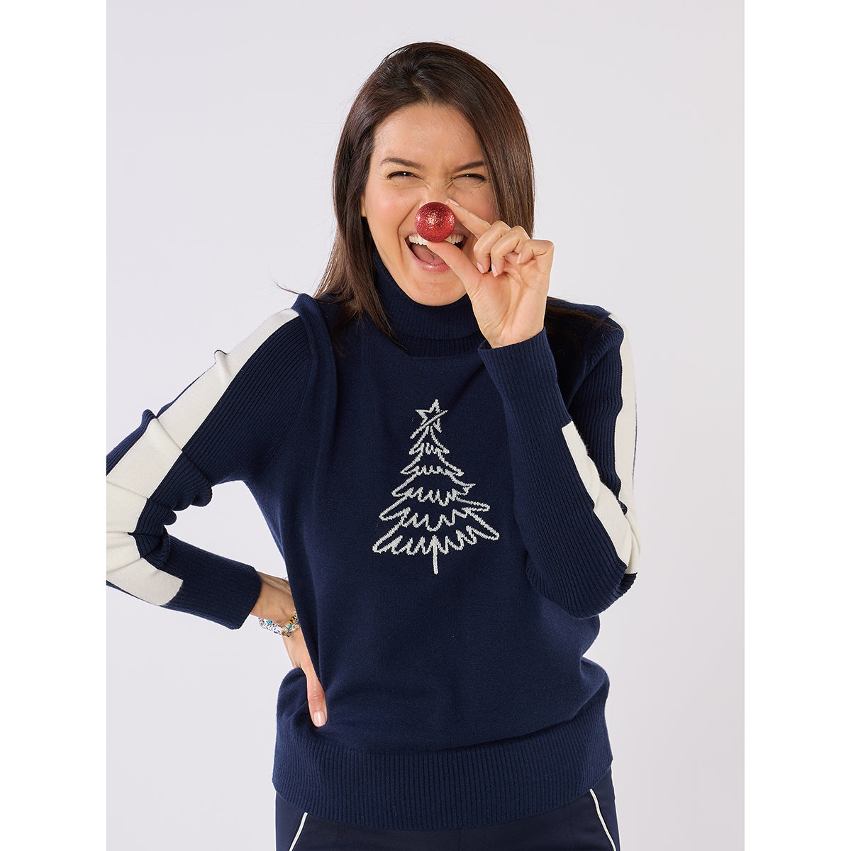 Swing Out Sister Christmas Sweater In Navy with Embroidered Sparkly Silver Christmas Tree