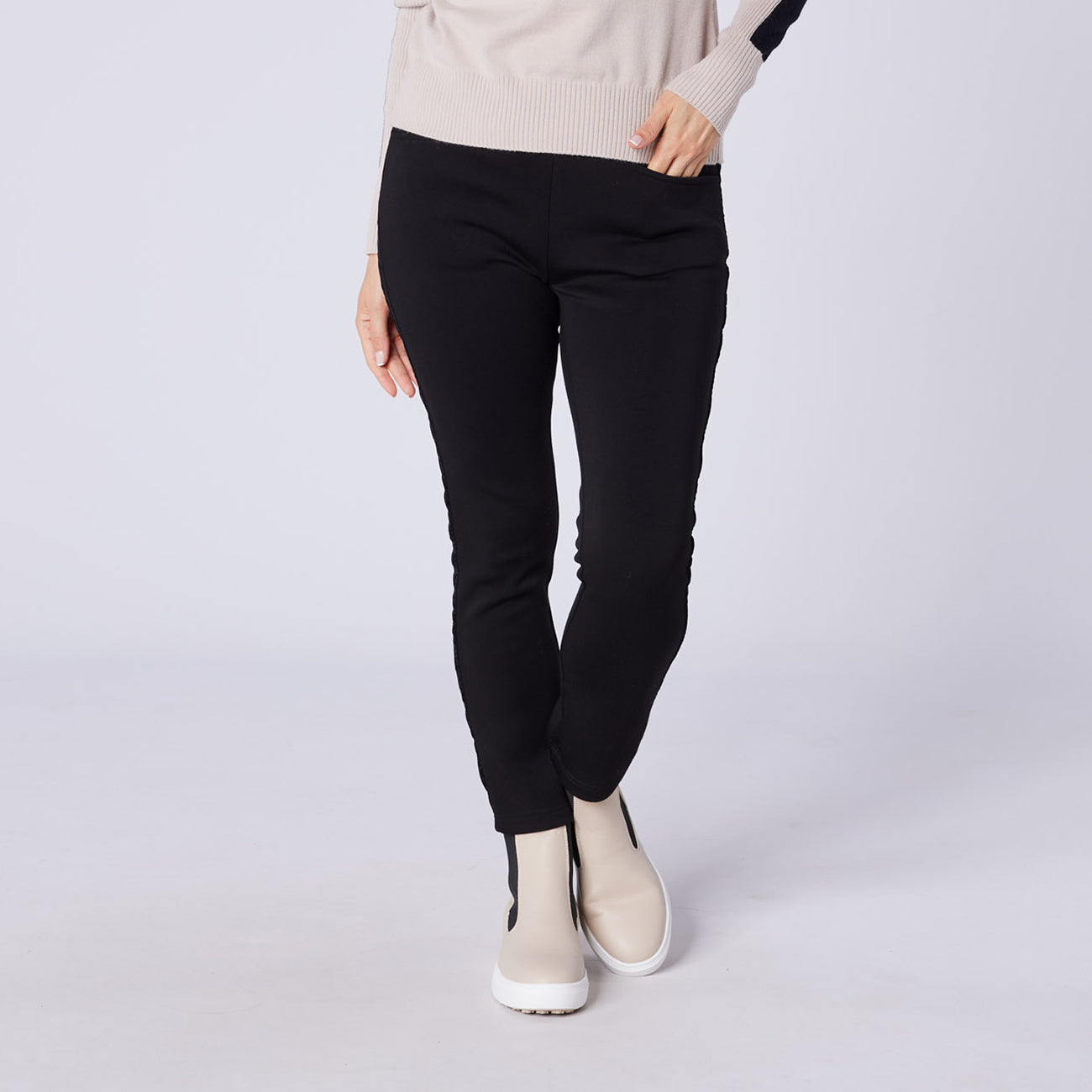 Swing Out Sister Ladies Thermal Pull-On Fleece Backed Trousers with Side Stripe in Black