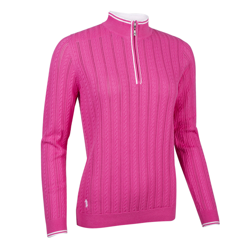 Glenmuir Ladies Cable Knit Sweater in Hot Pink & White