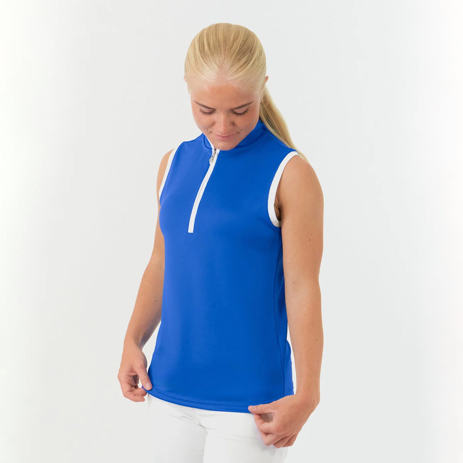 Pure Golf Ladies Bloom Sleeveless Mandarin Polo Shirt in Royal Blue