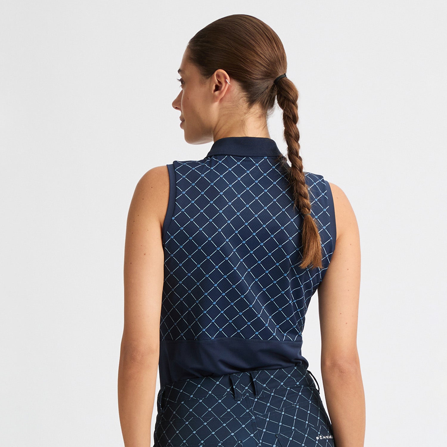 Rohnisch Ladies Sleeveless Navy Polo with Micro Logo Print Textured Panels