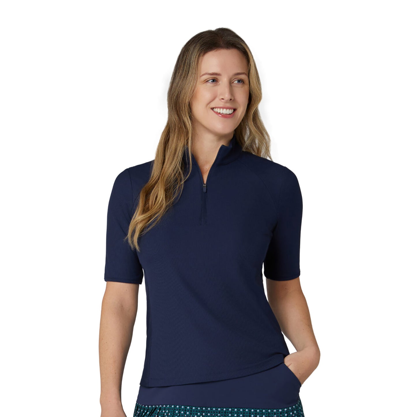 Callaway Ladies Short Sleeve Polo with Modern Zip-Neck and Flattering Ribbed Design in Navy