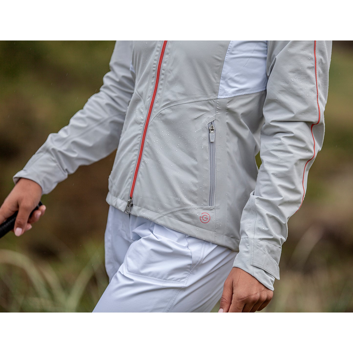 Galvin Green Ladies GORE-TEX Paclite Jacket with Contrast Panels in Cool Grey/White/Coral