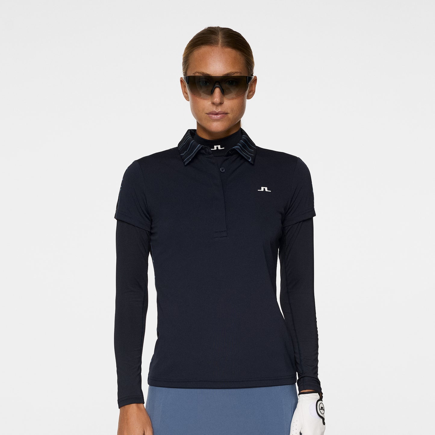 J.Lindeberg Ladies Short Sleeve Polo in Navy with Contour Print Back
