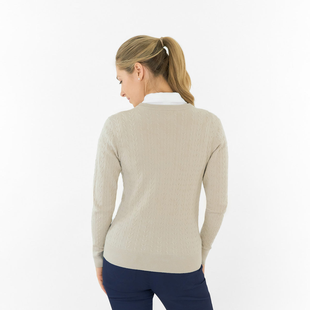 Pure Ladies Cable Knit V-Neck Golf Sweater – Classic Elegance for Confident Play