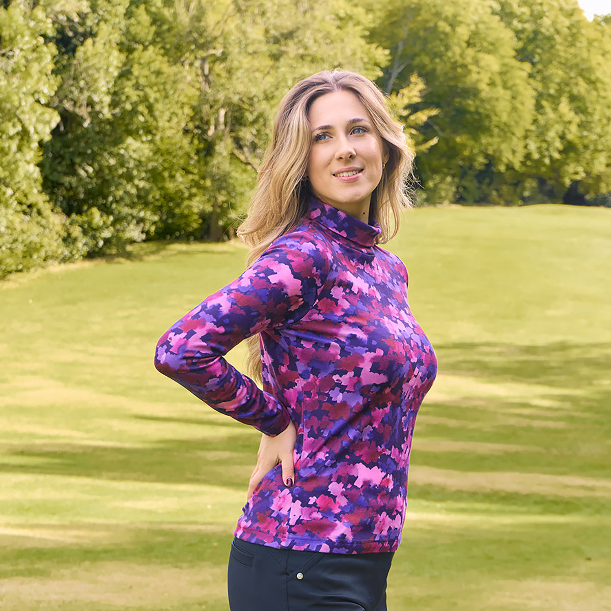 Pure Ladies Brushed-Backed Roll Neck in Abstract Watercolour Print