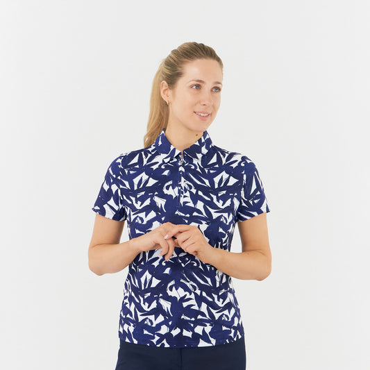 Pure Golf Ladies Short Sleeve Polo in Botanical Navy Print