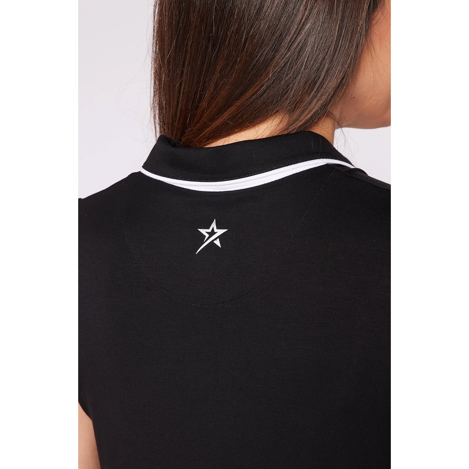 Swing Out Sister Ladies Zip-Neck Puffed Cap Sleeve Polo in Black