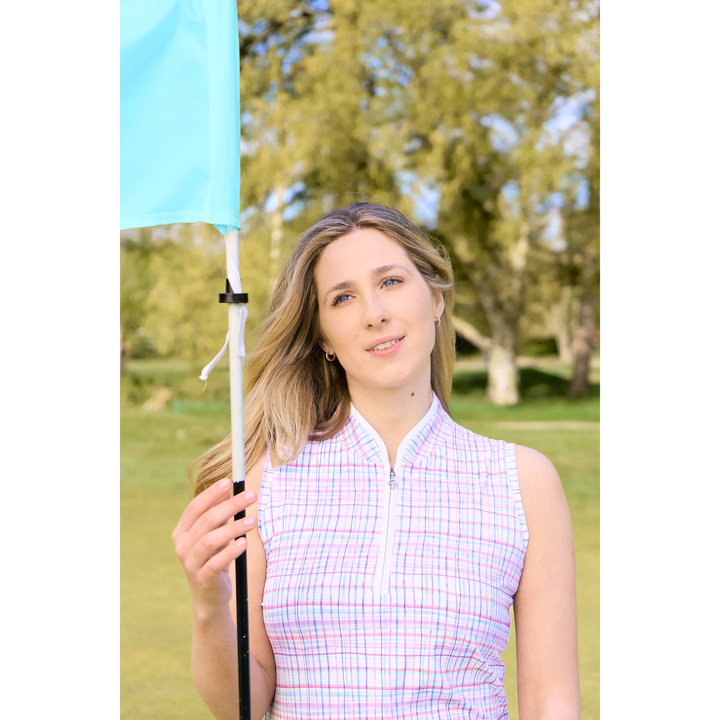 Pure Golf Ladies Sleeveless Polo Shirt in Pastel Check Print