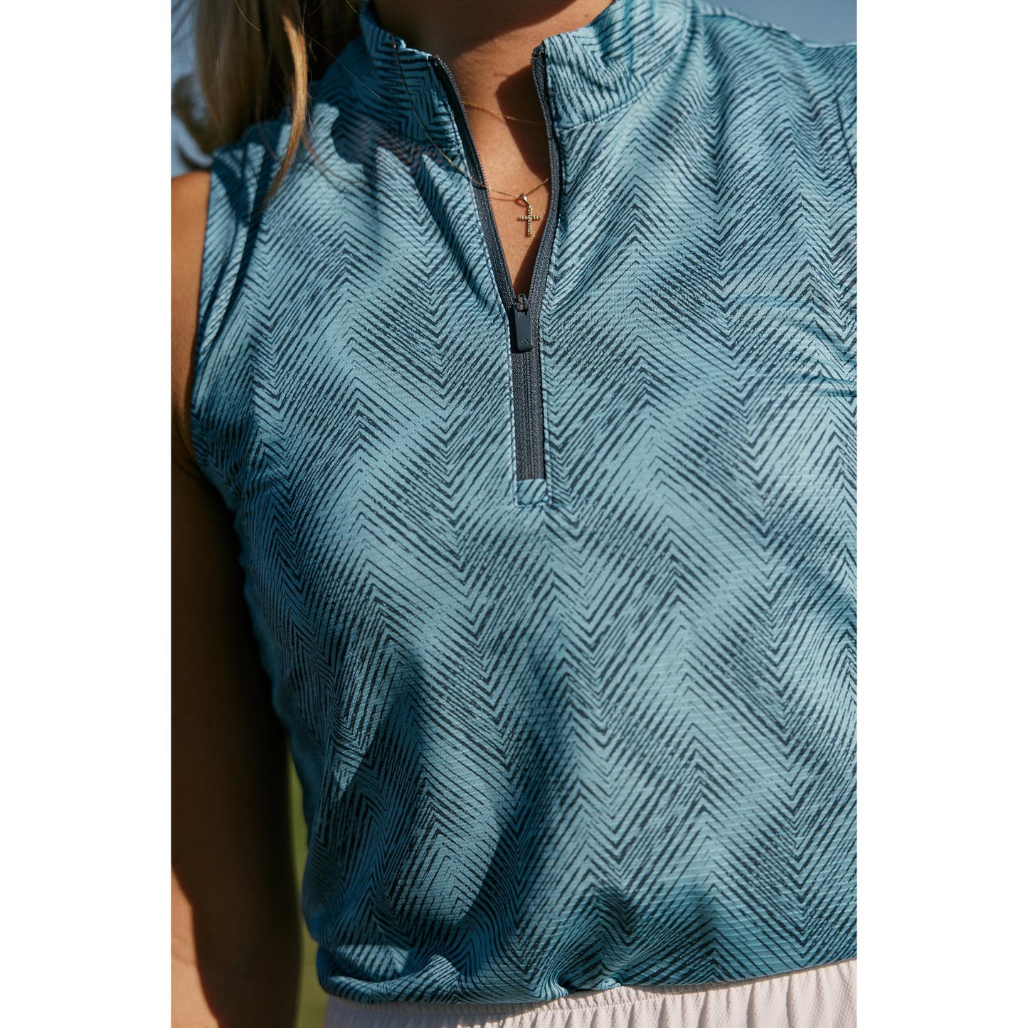 adidas Ladies Sleeveless Golf Polo with Abstract Zig-Zag Print in Semi Blue Burst