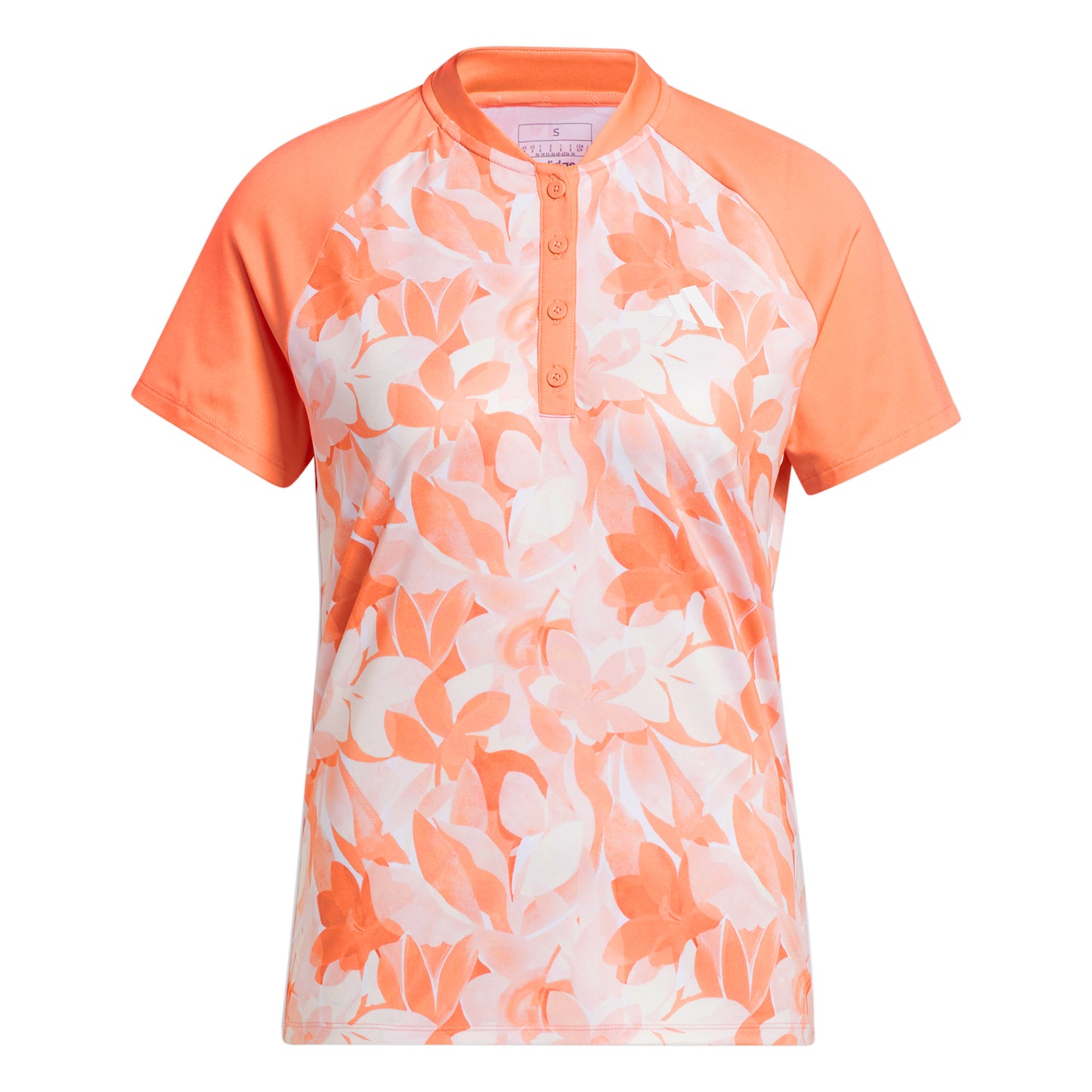 adidas Ladies Floral Short Sleeve Golf Polo with 3-Stripes Design in Coral Fusion