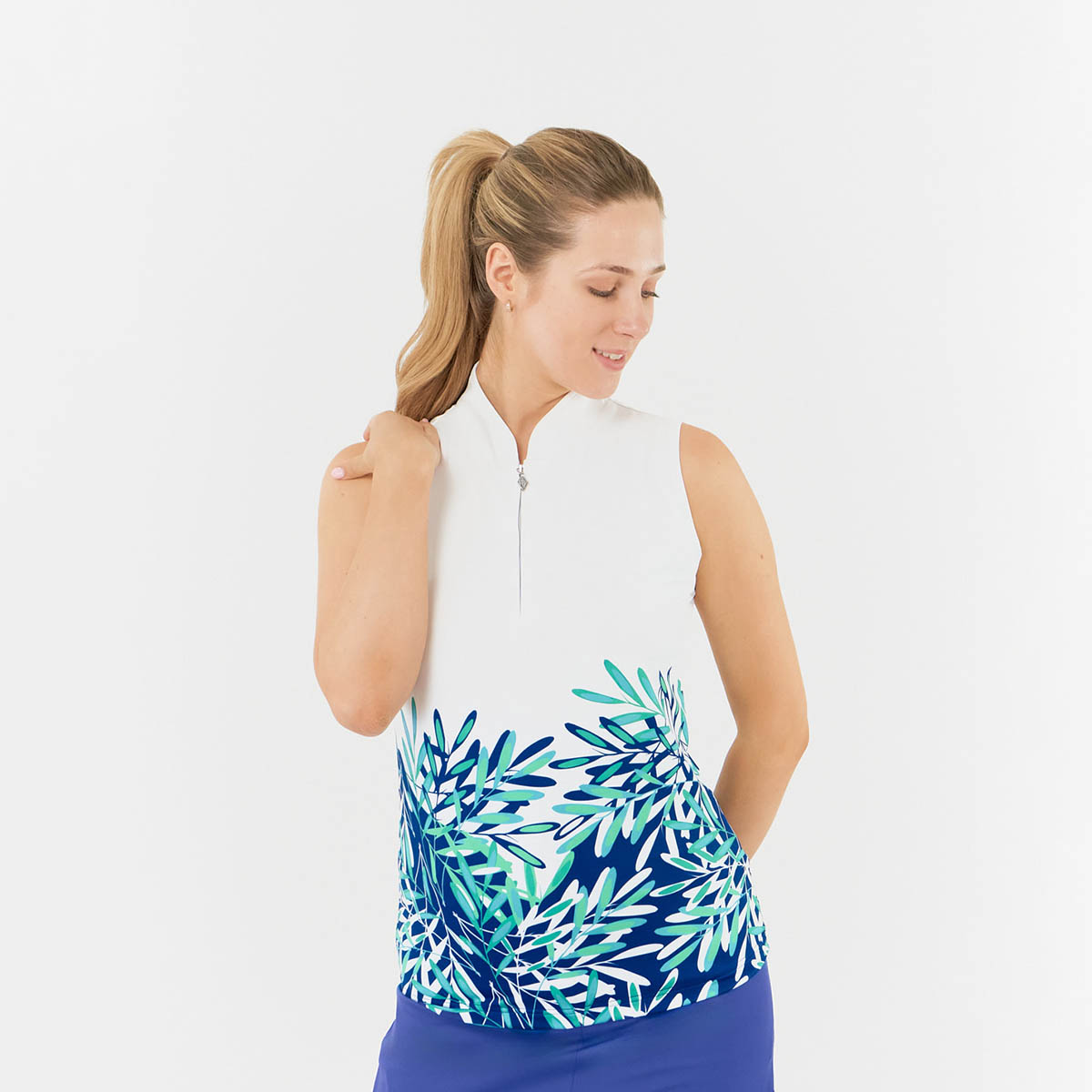 Pure Golf Ladies Sleeveless Polo with Statement Palm Print