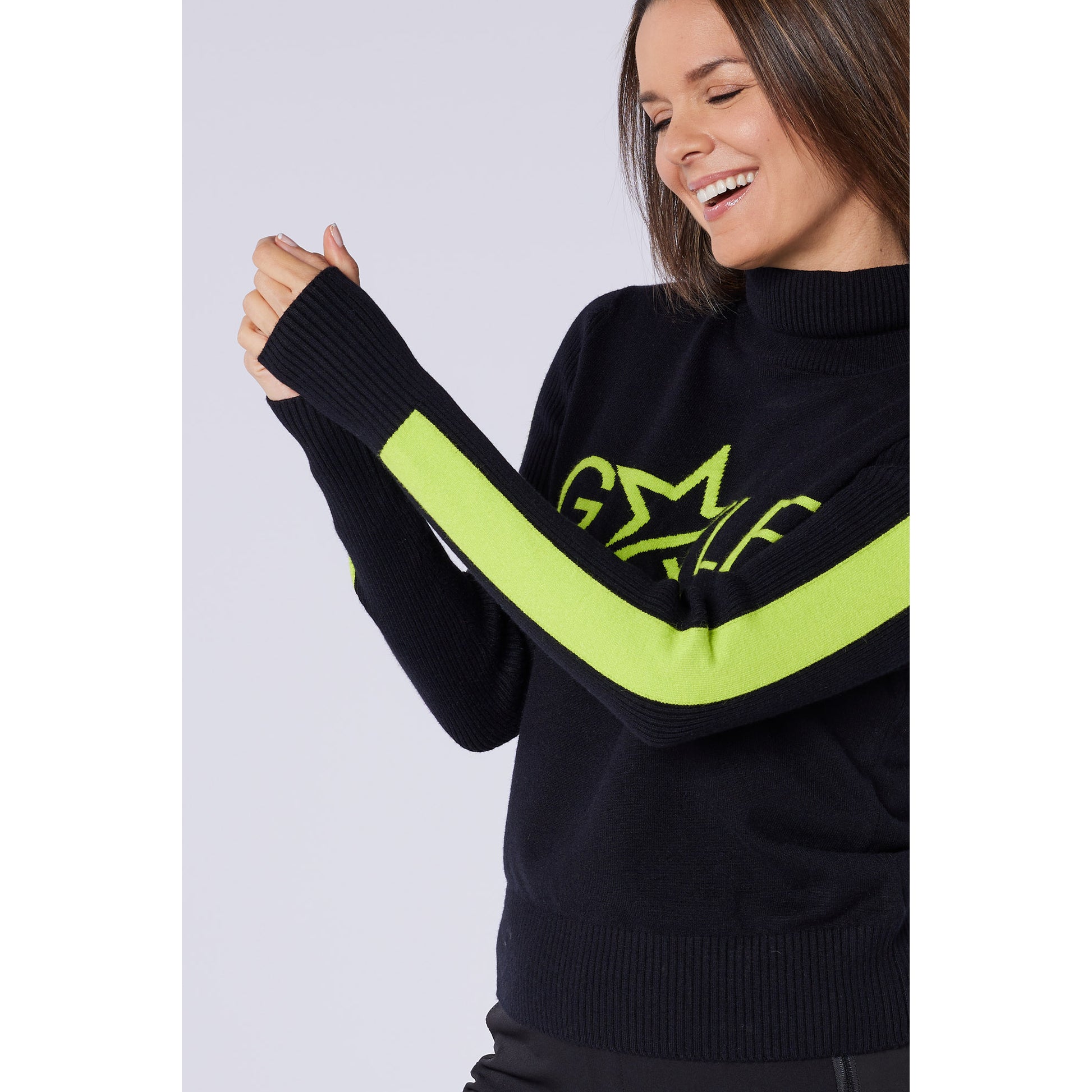 Swing Out Sister Womens 'Golf' Roll Neck with Ribbing in Black & Lime