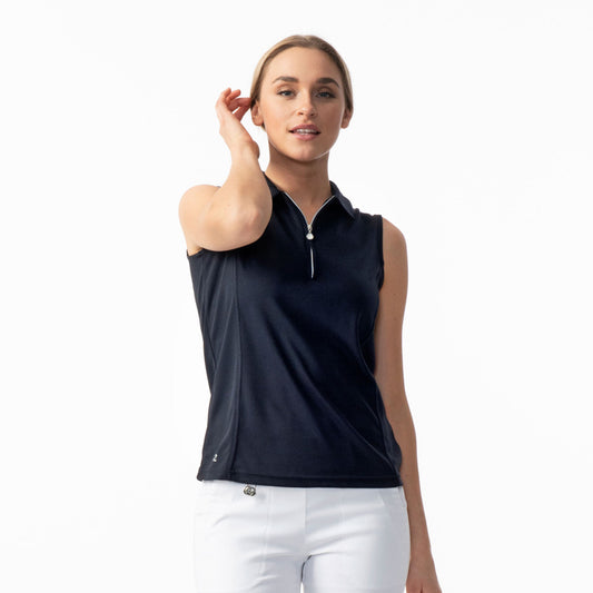 Daily Sports Ladies Sleeveless Polo with Zip-Neck in Dark Navy Blue