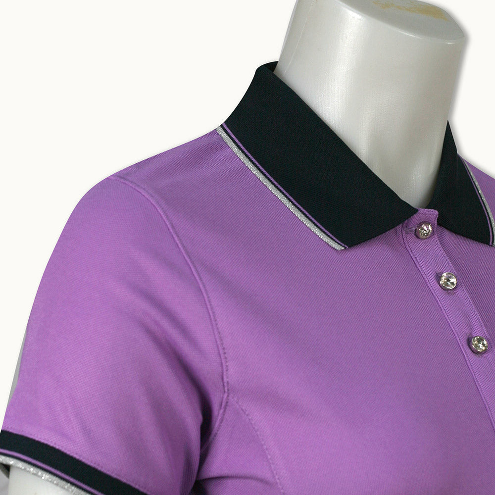 Glenmuir Ladies Rhinestone Buttoned Short Sleeve Polo Shirt in Amethyst/Navy/Silver