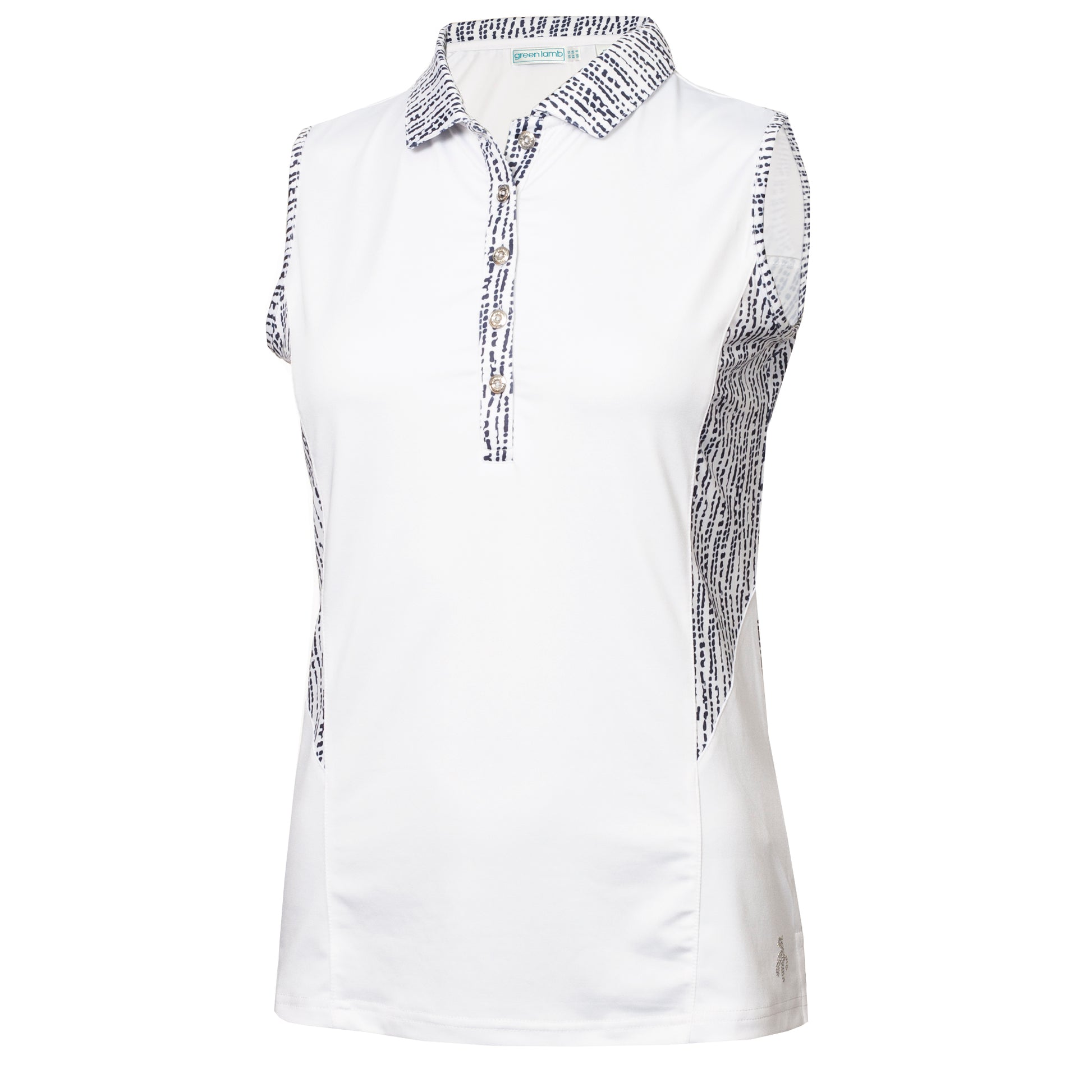 Green Lamb Ladies Sleeveless Polo Shirt with Contrasting Panels in White & Waterfall Print