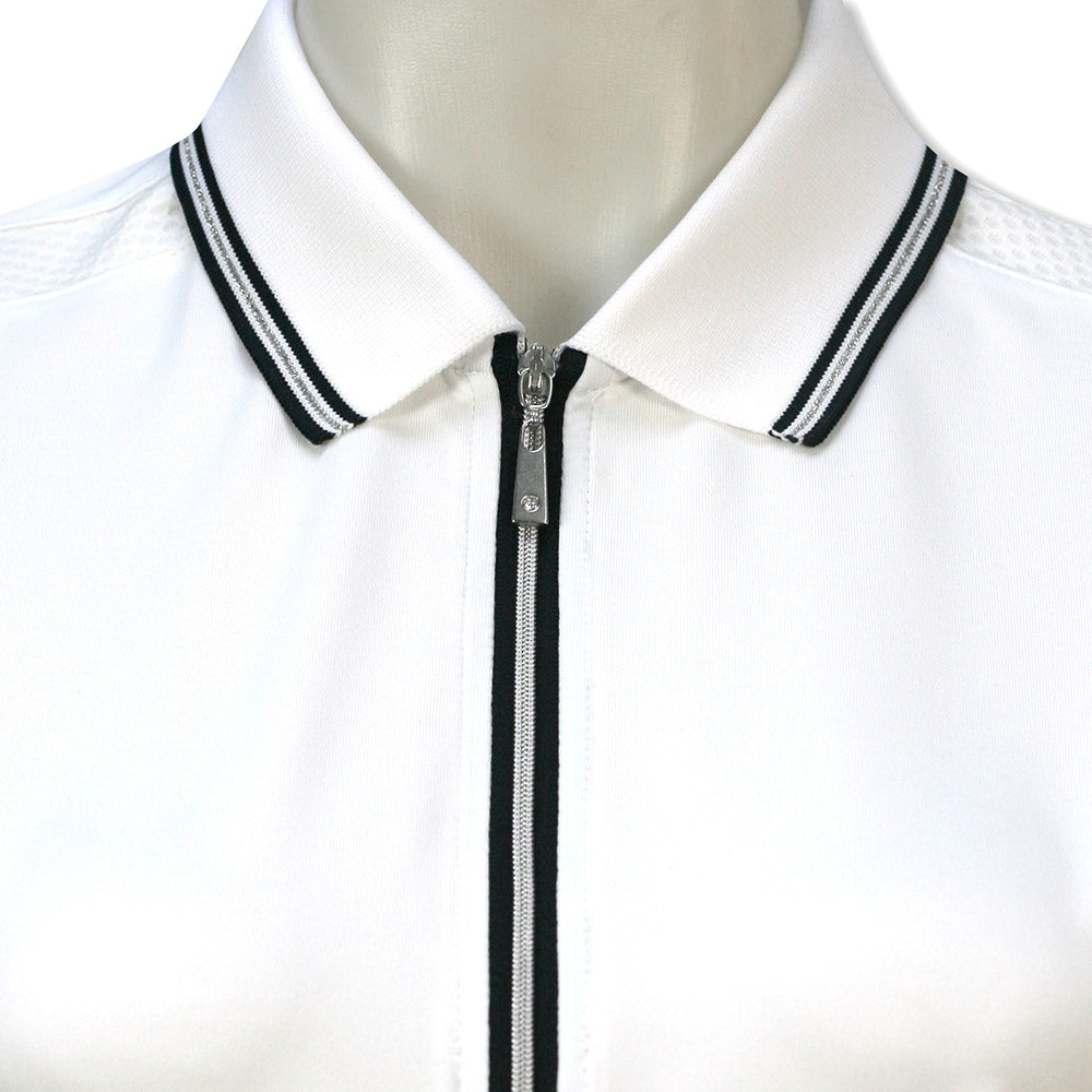 Glenmuir Ladies Short Sleeve Zip-Neck Polo in White & Navy with UPF50