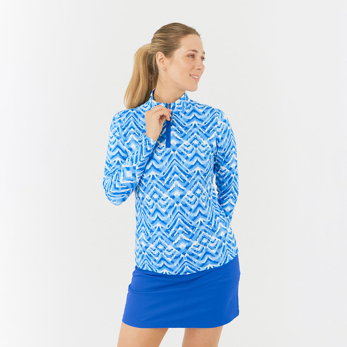 Pure Ladies Long Sleeve Golf Top in Aztec Style Print with Mesh Panels