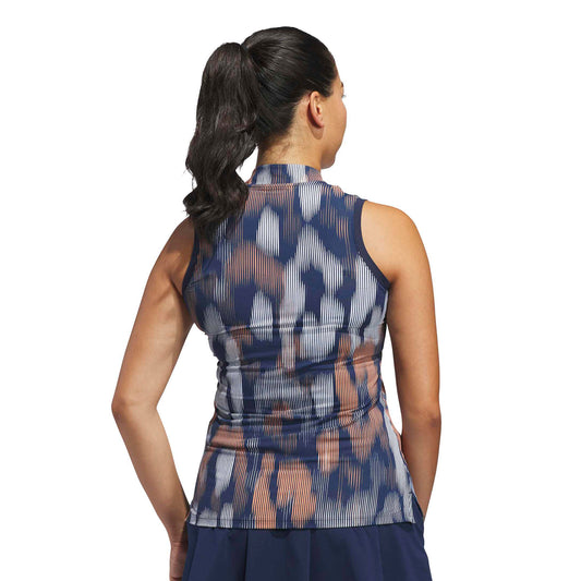 adidas Golf Ladies Linear Leopard Print Sleeveless Polo in Navy