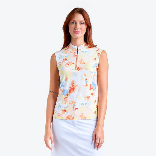 Nivo Ladies Sleeveless Polo in Multicoloured Abstract Camouflage Print