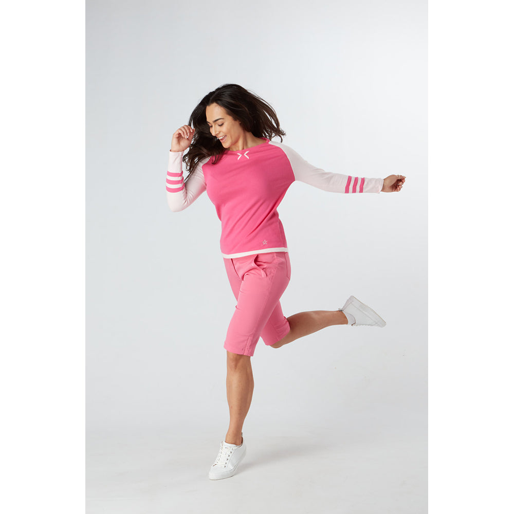 Swing Out Sister Ladies Colourblock Sweater in Pink Glo & Cherry Blossom