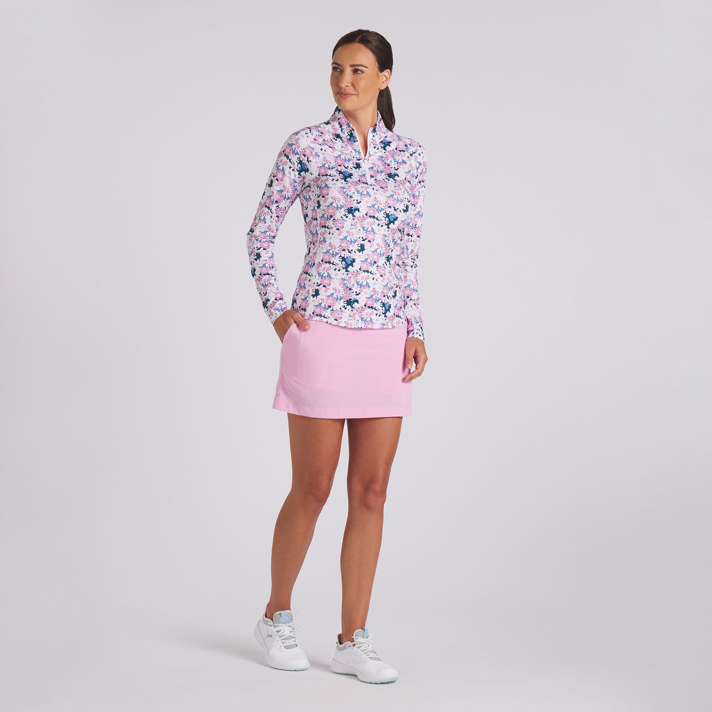 Puma Women's YOU-V Bloom Print Top with UPF 50+ in Pink Icing-White Glow