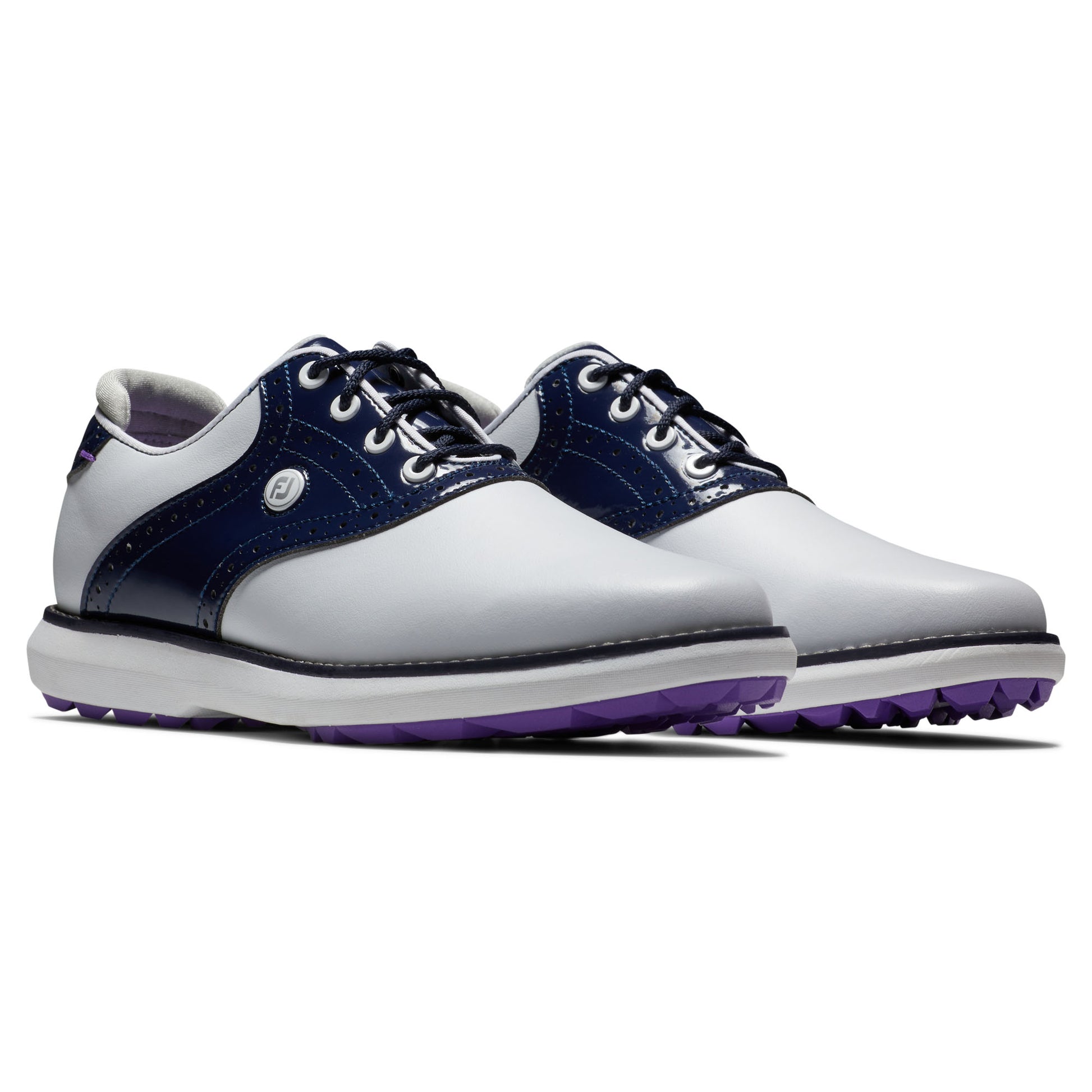 FootJoy Ladies Wide Fit Waterproof Spikeless Traditions Shoes in White, Navy & Purple