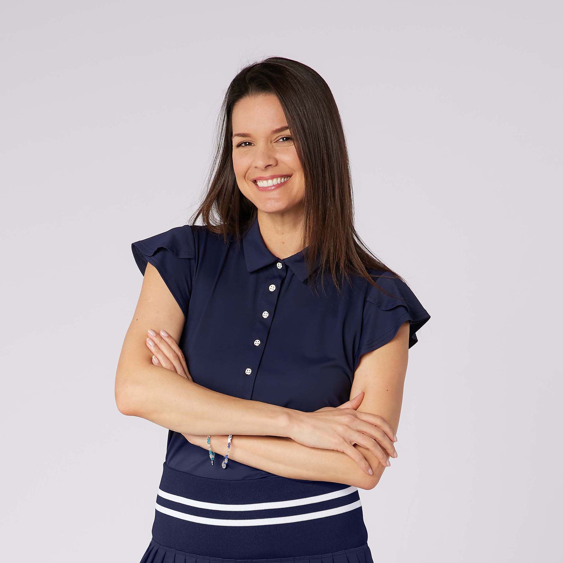Swing Out Sister Ladies Fluted Sleeve Navy Polo for Elegant Flair On & Off The Course