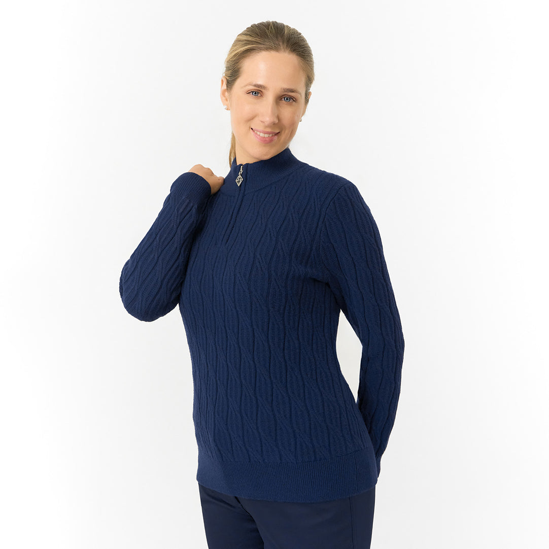 Pure Golf Ladies Quarter Zip Cable Knit Lined Sweater in Navy