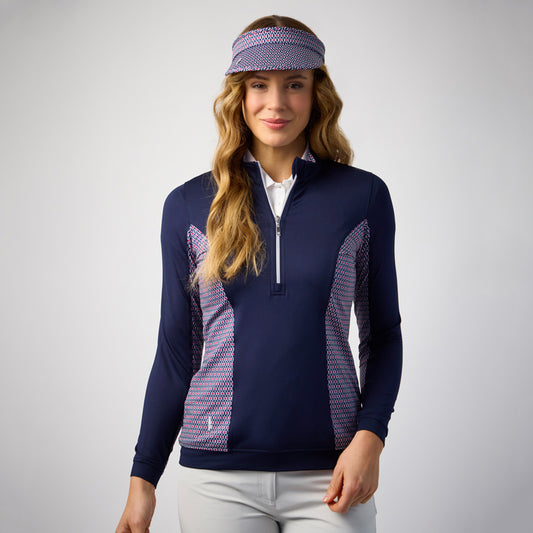 Glenmuir Ladies Lightweight Navy Mid-Layer in with Delicate Mosaic Weave Print