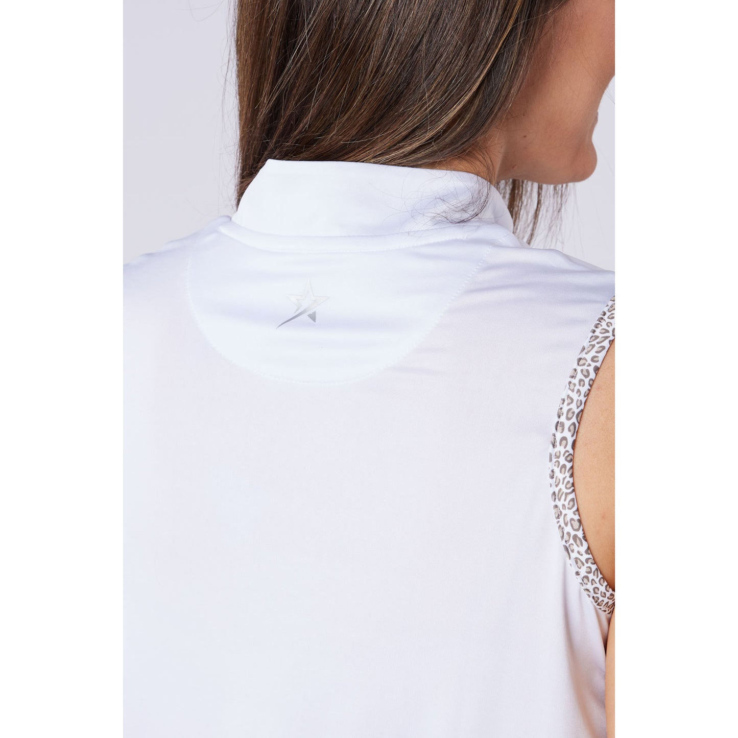 Swing Out Sister Ladies Zip-Neck Sleeveless Polo with Leopard Print Trim