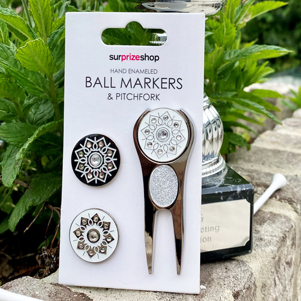 Surprizeshop Silver Golf Ball Marker and Pitchfork Set