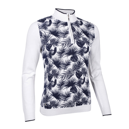 Glenmuir Ladies Etta Long Sleeve 1/4 Zip Sweater in White with Navy Tropical Print