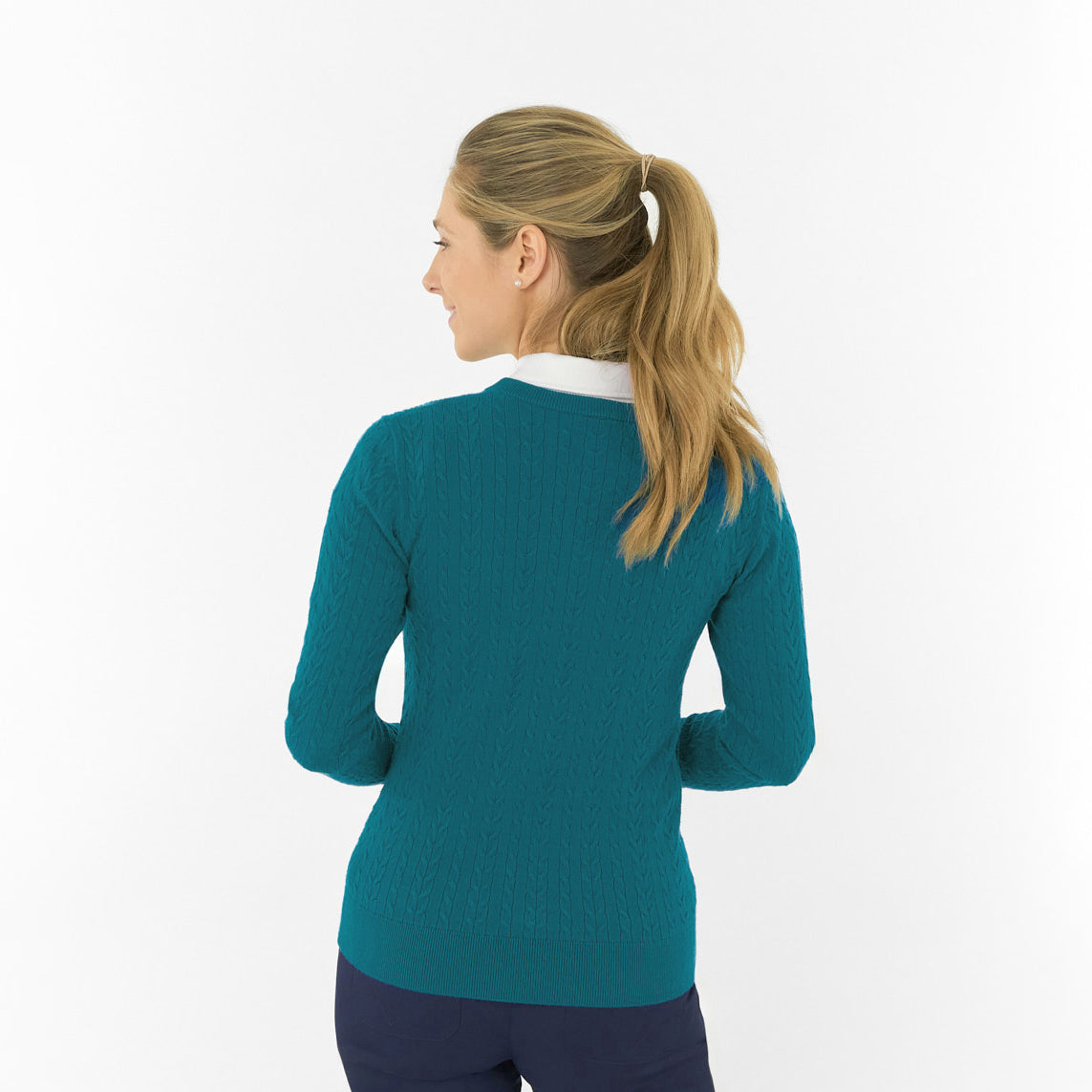 Pure Ladies Cable Knit V-Neck Golf Sweater – Classic Elegance for Confident Play