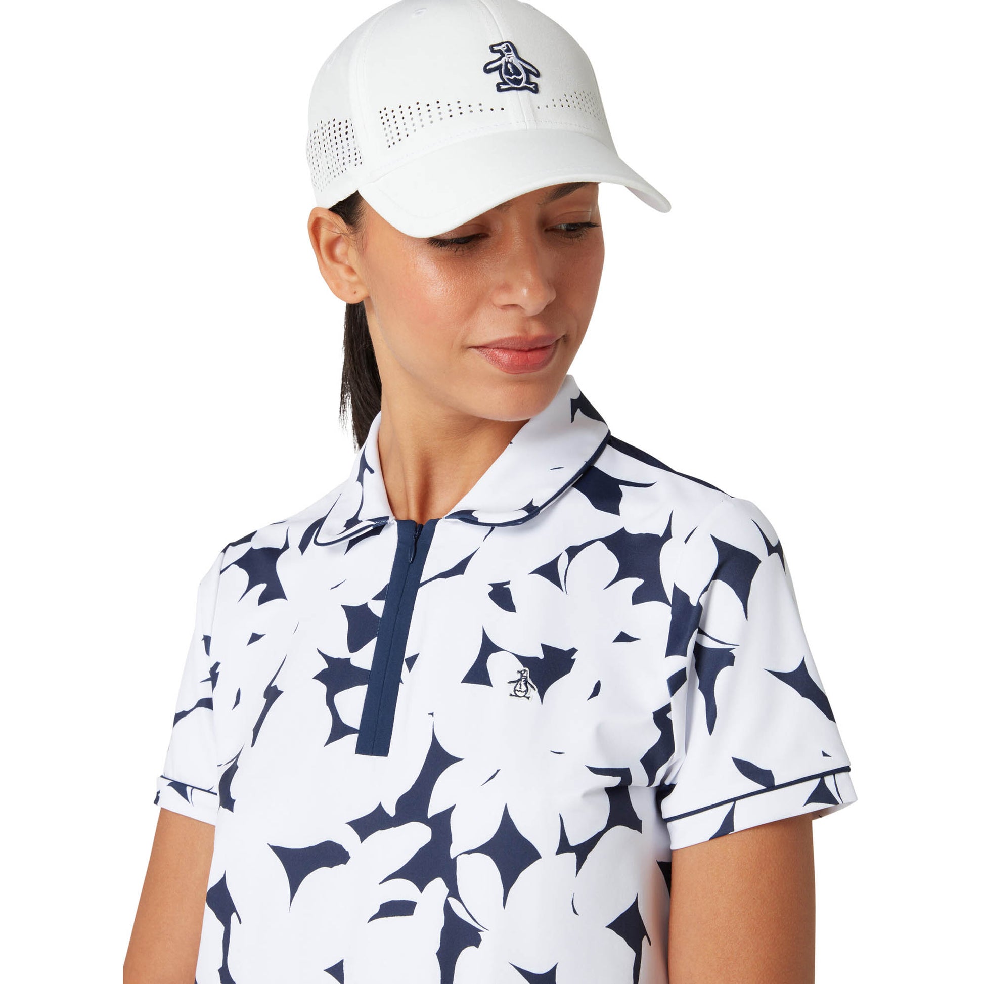 Original Penguin Womens Short Sleeve Floral Polo Shirt in Navy and White