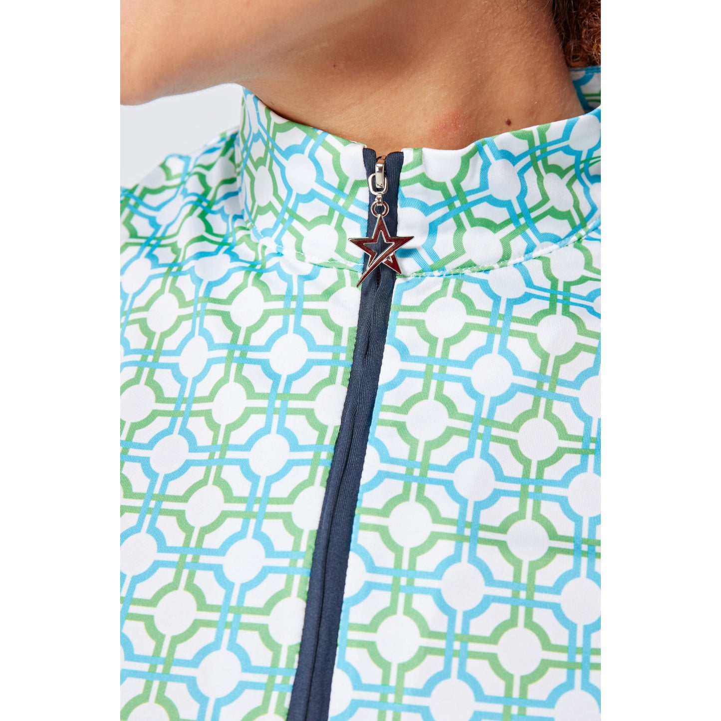 Swing Out Sister Ladies Sleeveless Zip-Neck Polo in Dazzling Blue and Emerald Mosaic Pattern