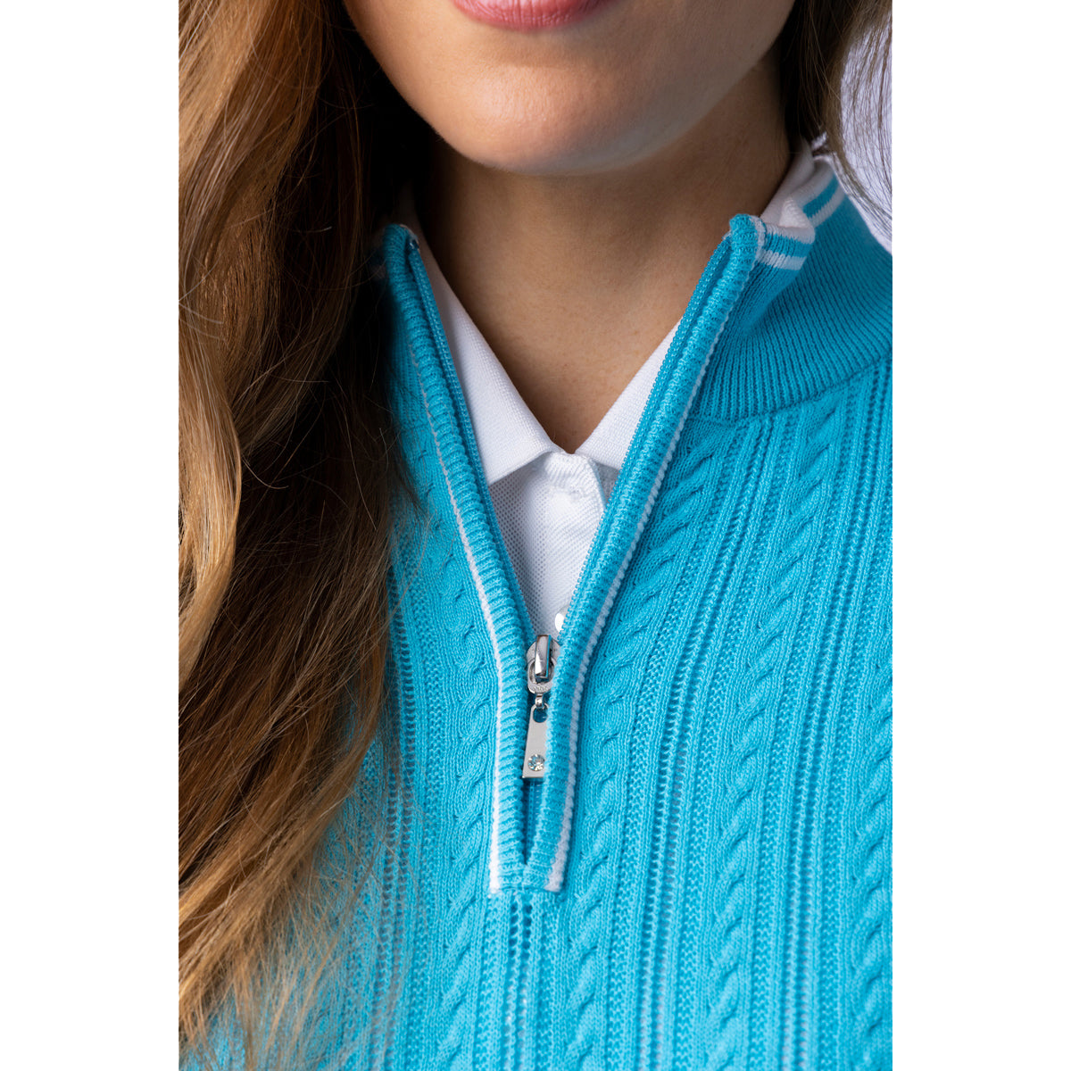Glenmuir Ladies Cable Knit Sweater in Aqua & White