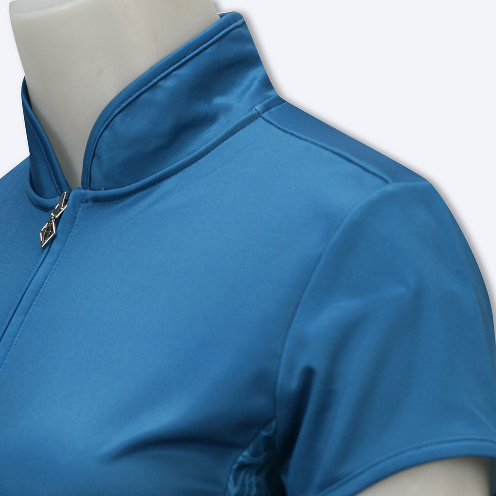 Pure Golf Ladies Rich Blue & Feather Print Cap Sleeve Polo Shirt